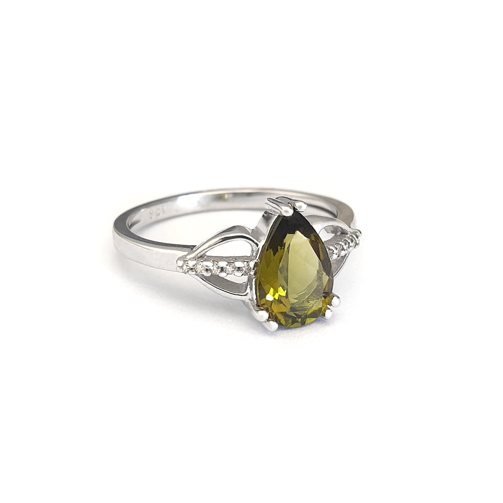 Pear Cut Green Tourmaline and Diamond Open Shoulder Ring