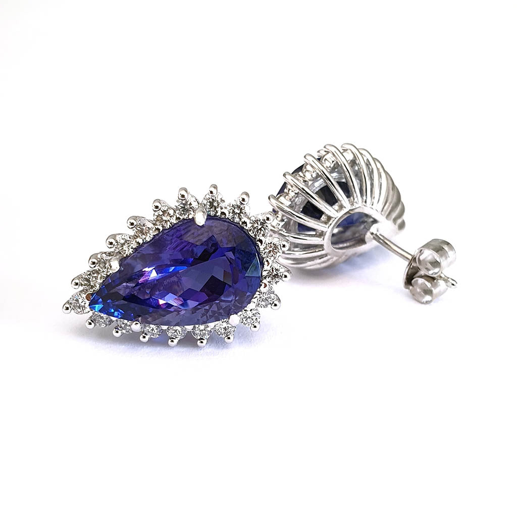 Pear Cut Tanzanite Diamond Halo Earrings