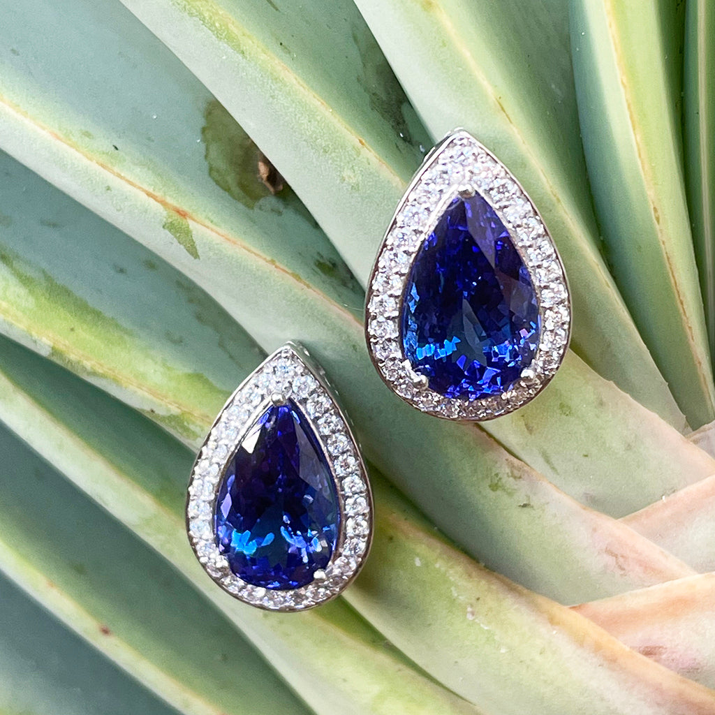 Pear Cut Tanzanite Diamond Halo Earrings with Filigree Highlight
