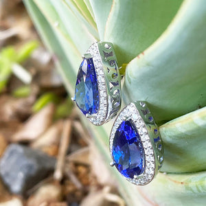 Pear Cut Tanzanite Diamond Halo Earrings with Filigree Highlight