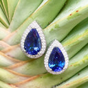 Pear Cut Tanzanite Diamond Halo Earrings with Filigree Highlight