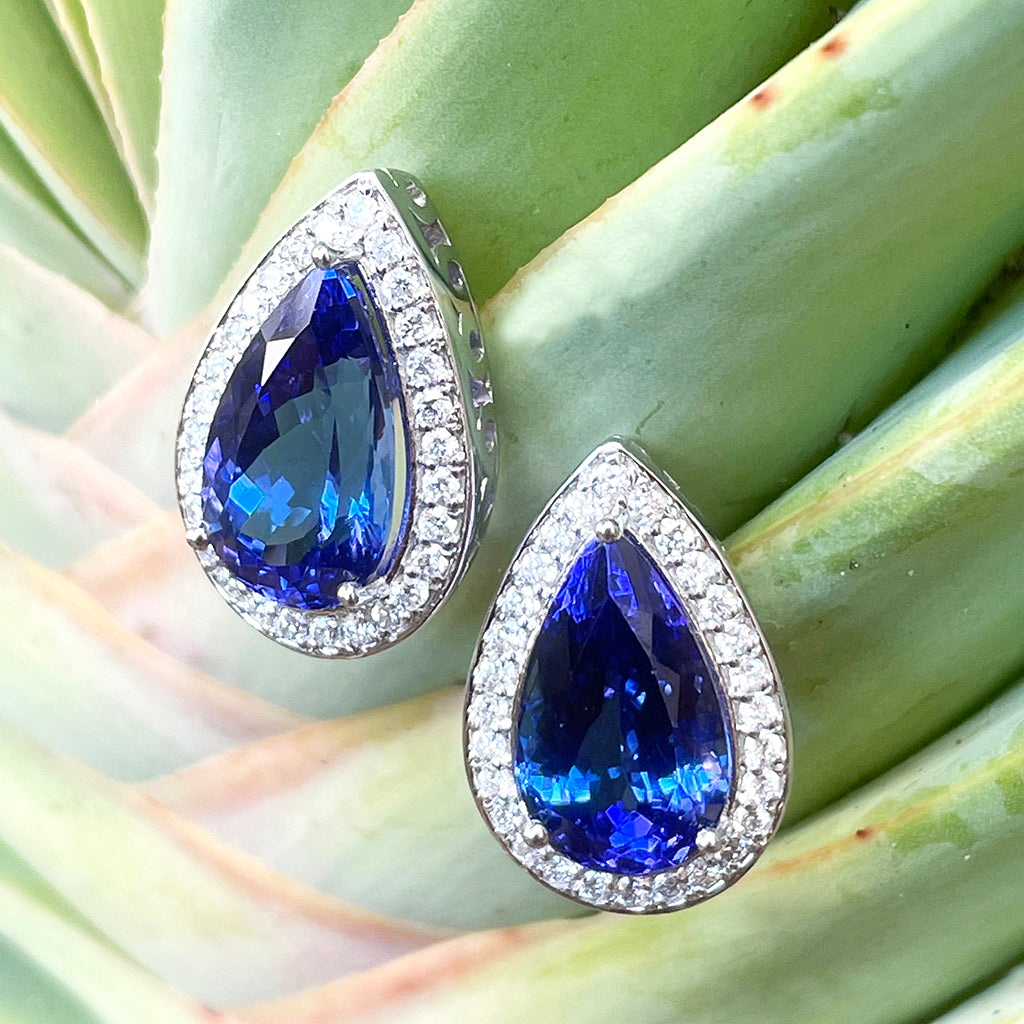 Pear Cut Tanzanite Diamond Halo Earrings with Filigree Highlight