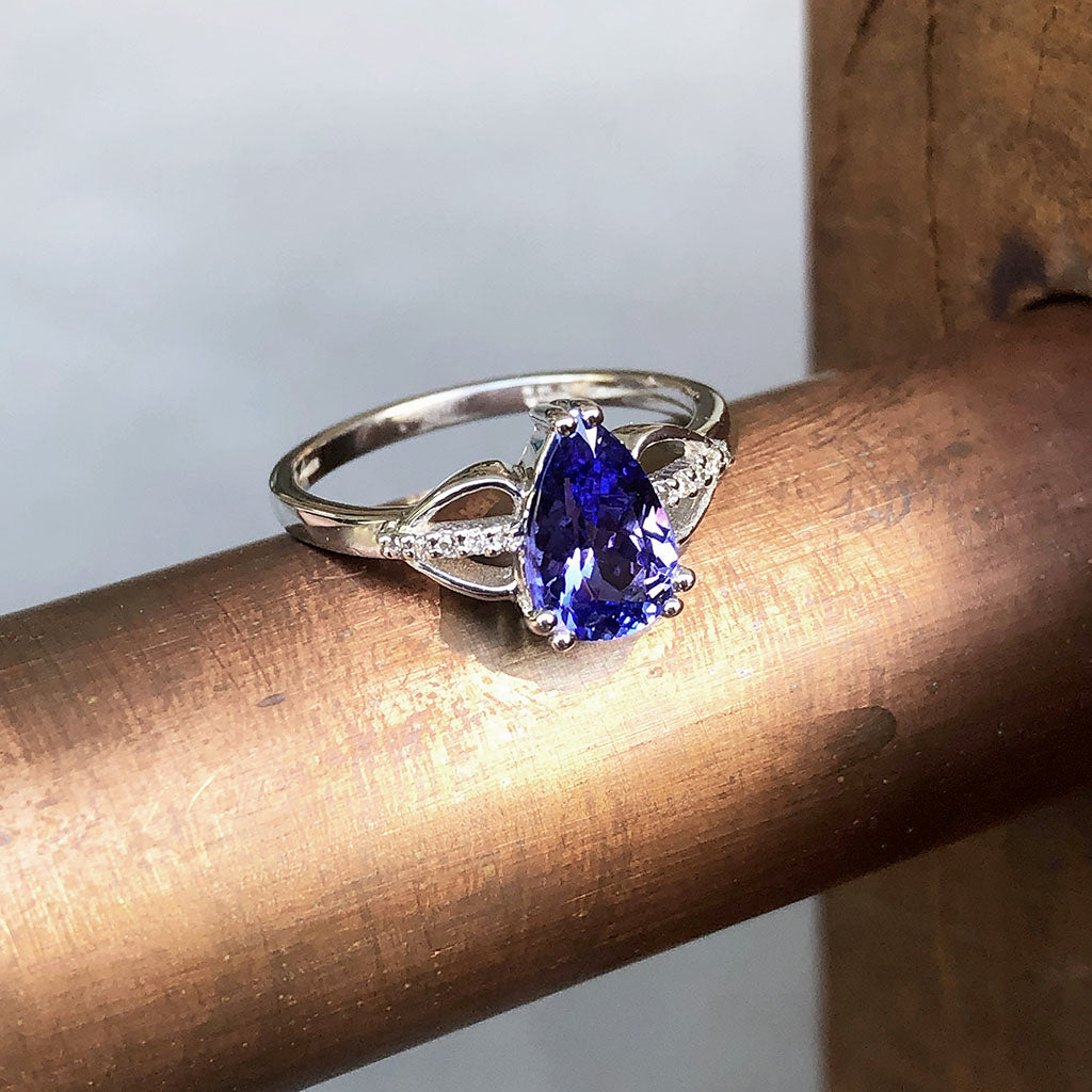 Pear Cut Tanzanite and Diamond Open Shoulder Ring