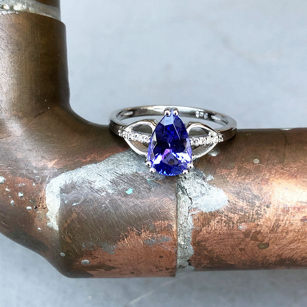 Pear Cut Tanzanite and Diamond Open Shoulder Ring