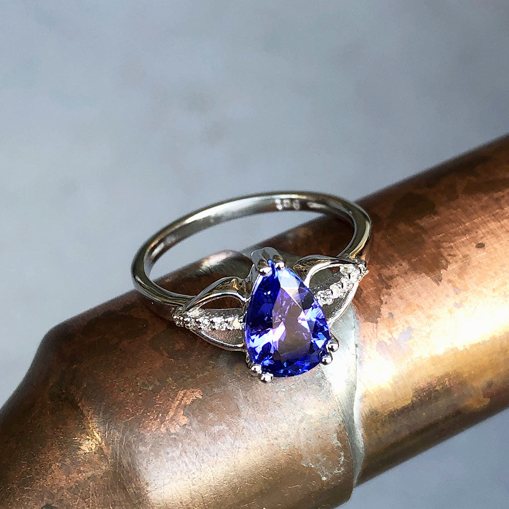 Pear Cut Tanzanite and Diamond Open Shoulder Ring