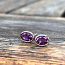 Petit Amethyst Oval Cut Bezel Set White Gold Studs 