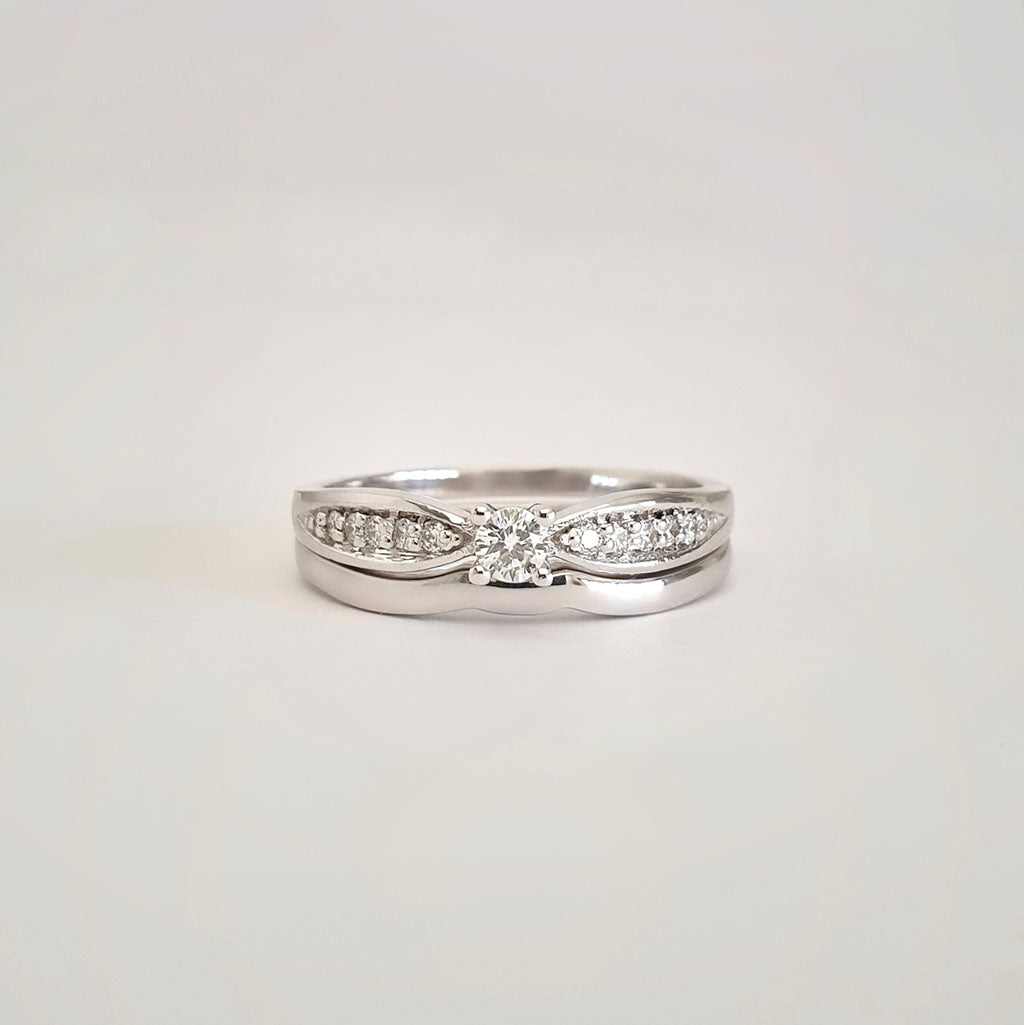 Petit Tapered Diamond Shoulder White Gold Diamond Engagement Ring and Wedding Band Set