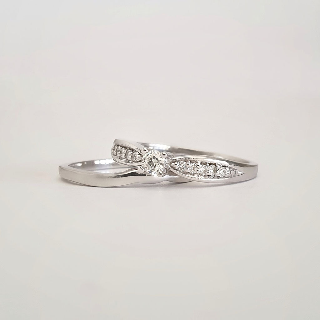 Petit Tapered Diamond Shoulder White Gold Diamond Engagement Ring and Wedding Band Set