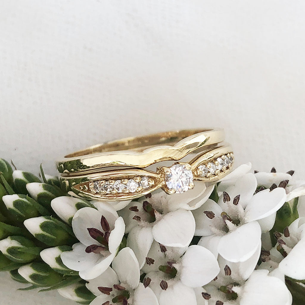 Petit Tapered Diamond Shoulder Yellow Gold Diamond Engagement Ring and Wedding Band Set 