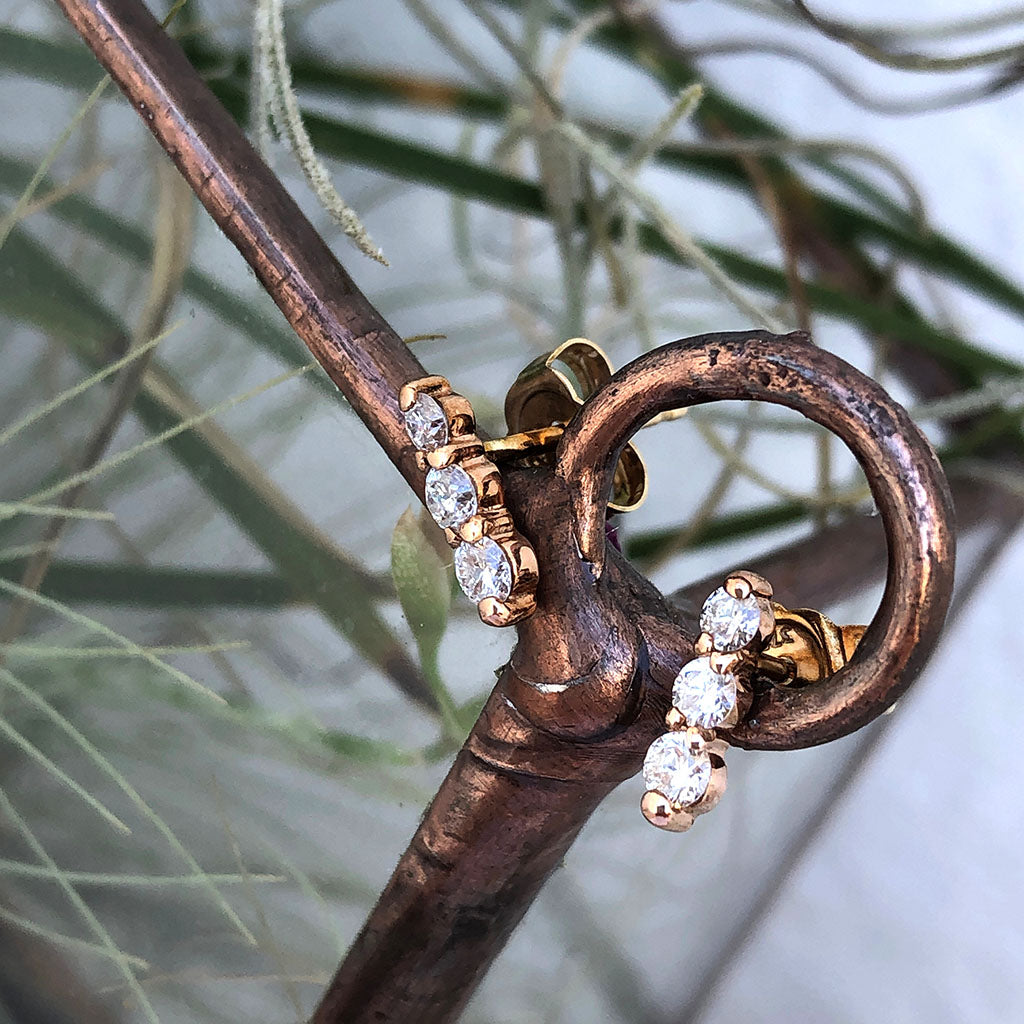 Petite Three Diamond Drop Rose Gold Stud Earrings