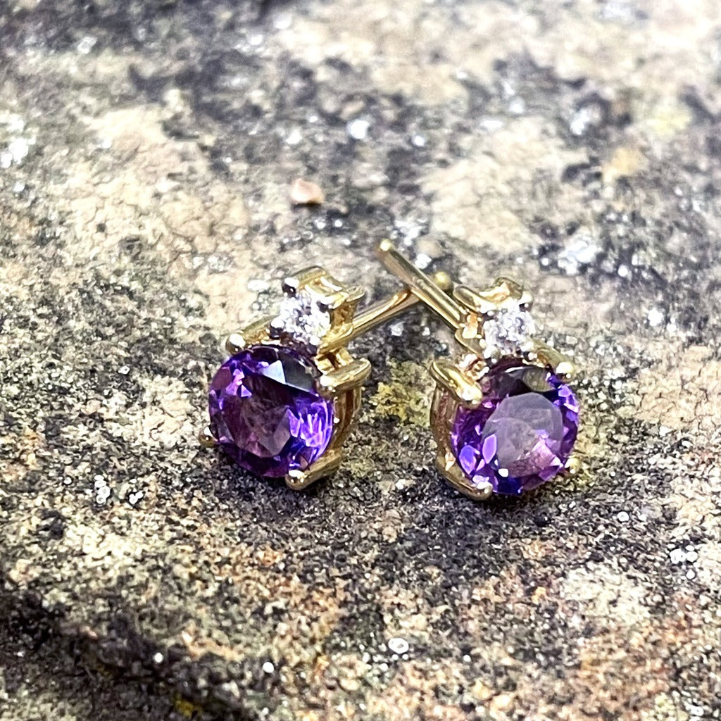 Petite Amethyst and Diamond Accent Yellow Gold Studs