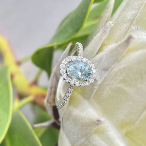Petite Aquamarine Oval Cut Ring Halo Diamond and Band 