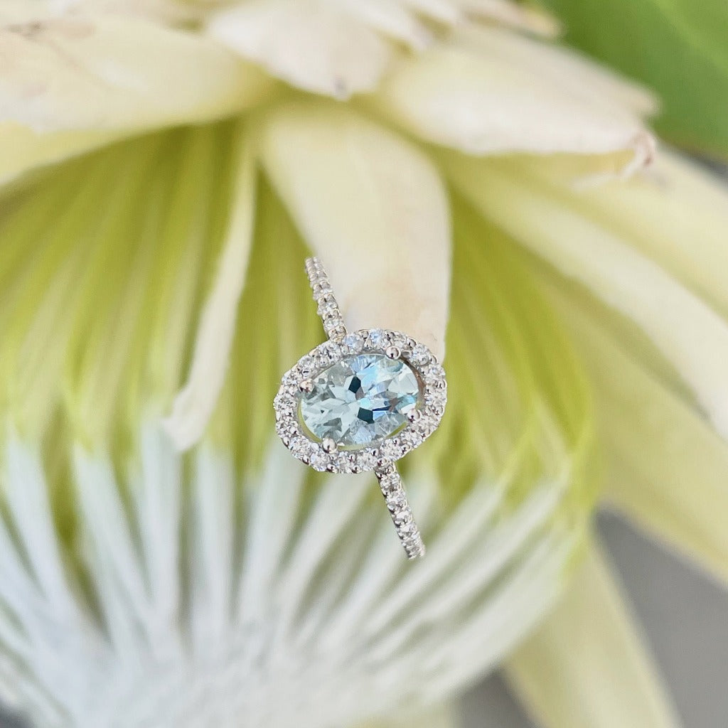 Petite Aquamarine Oval Cut Ring Halo Diamond and Band 