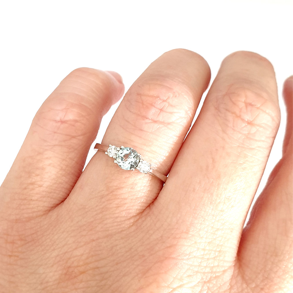 Petite Aquamarine and Diamond Trilogy White Gold Ring