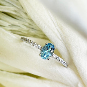 Petite Aquamarine with White Diamond Band Ring