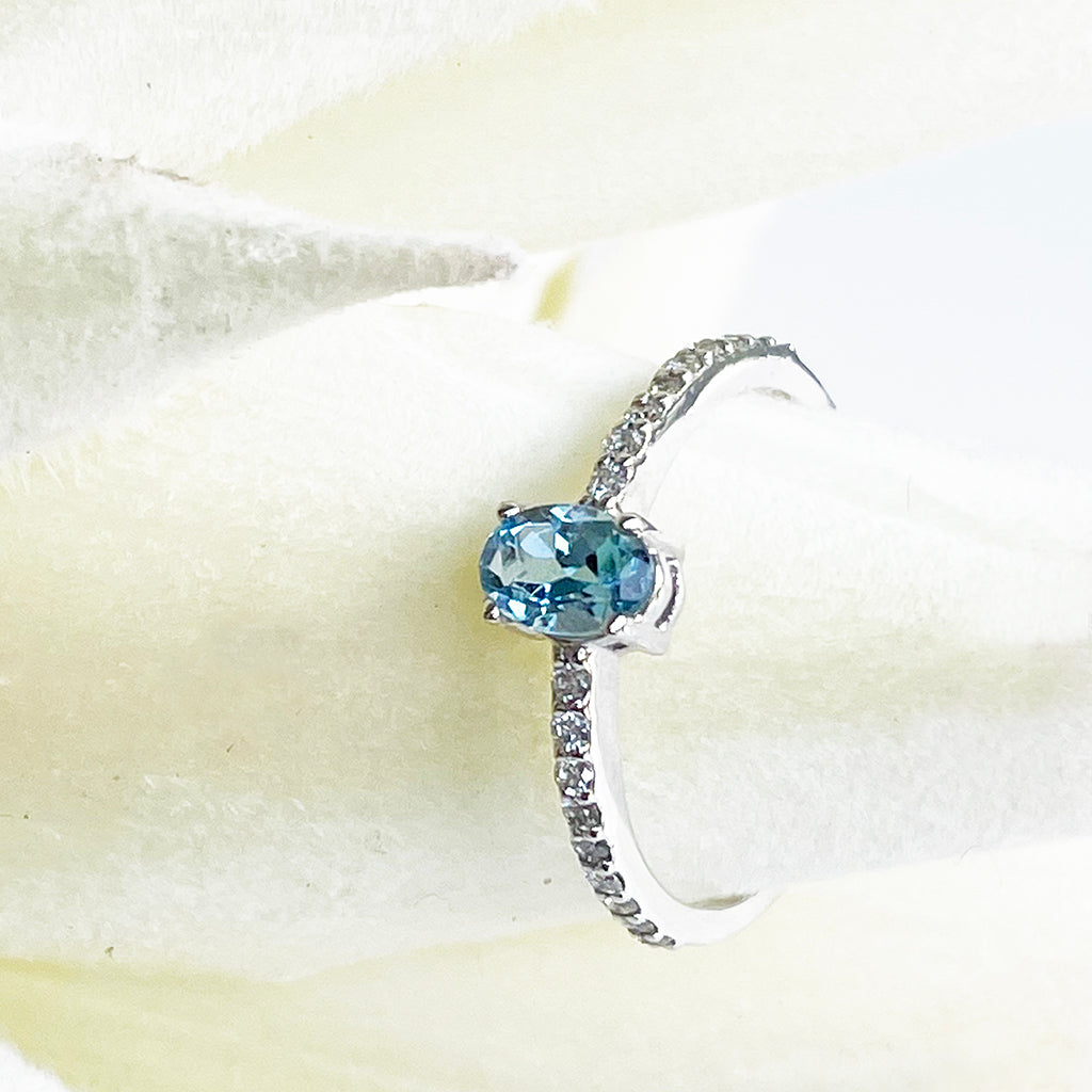 Petite Aquamarine with White Diamond Band Ring