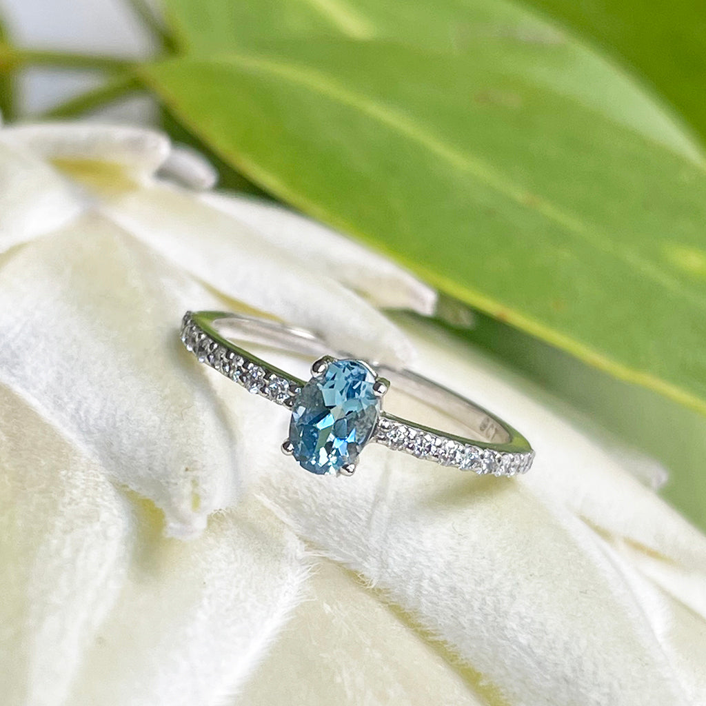 Petite Aquamarine with White Diamond Band Ring