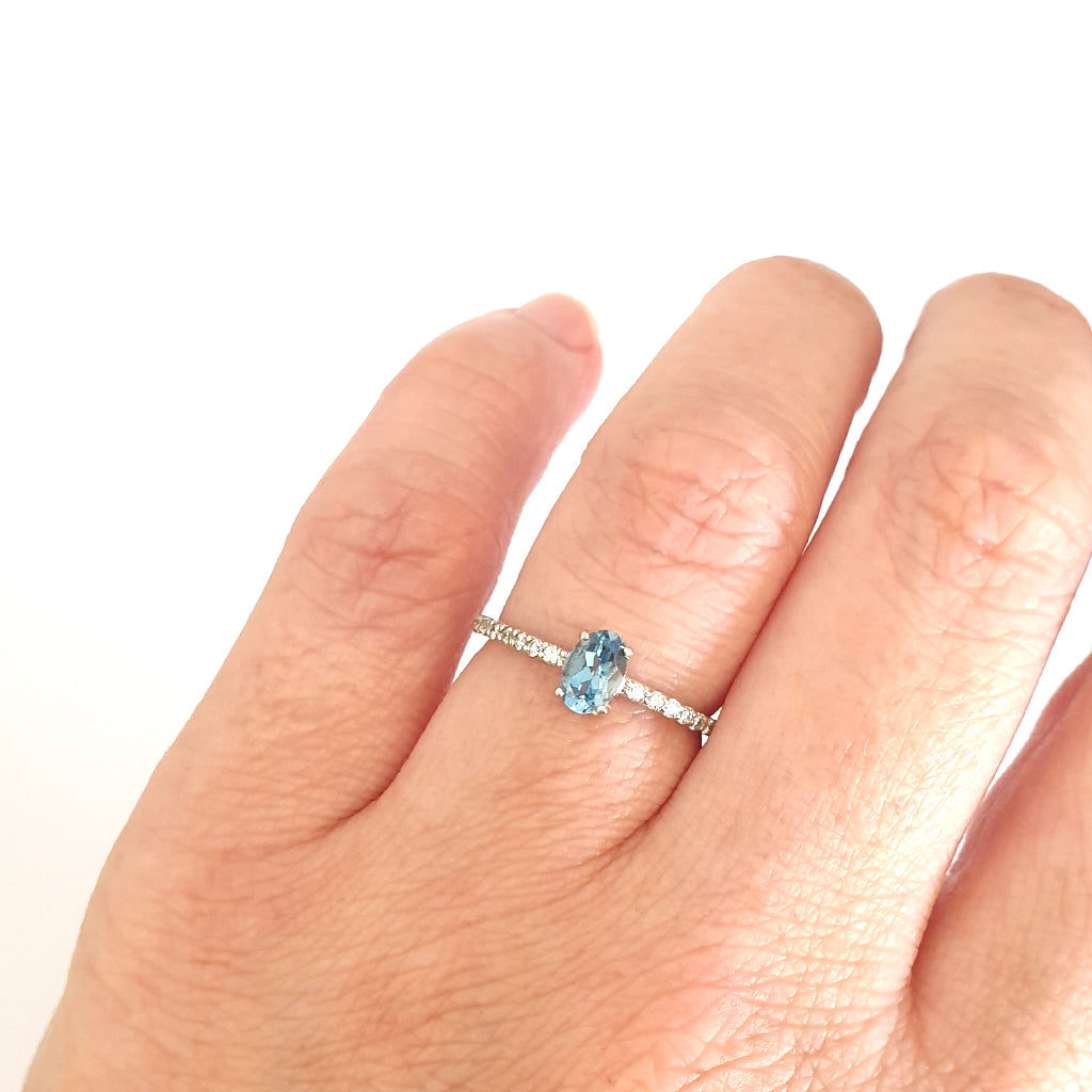 Petite Aquamarine with White Diamond Band Ring
