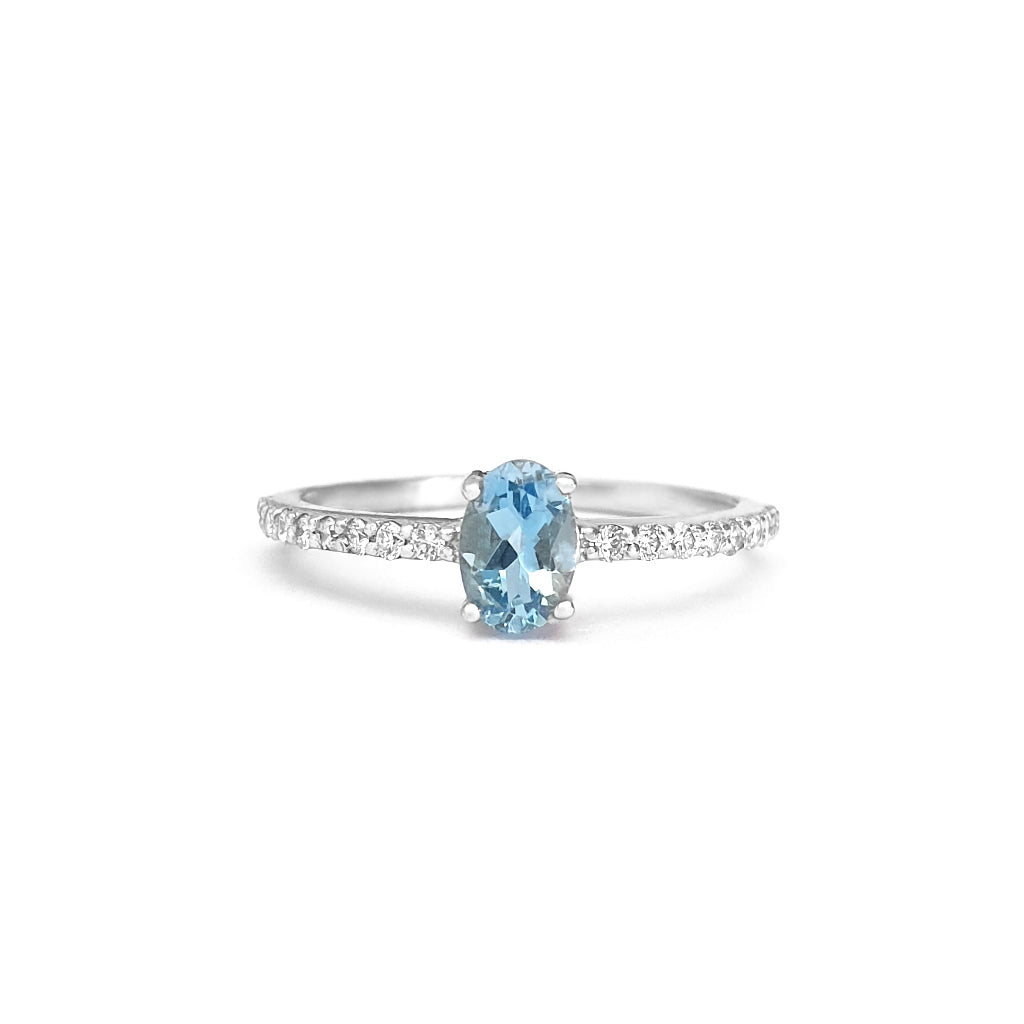 Petite Aquamarine with White Diamond Band Ring