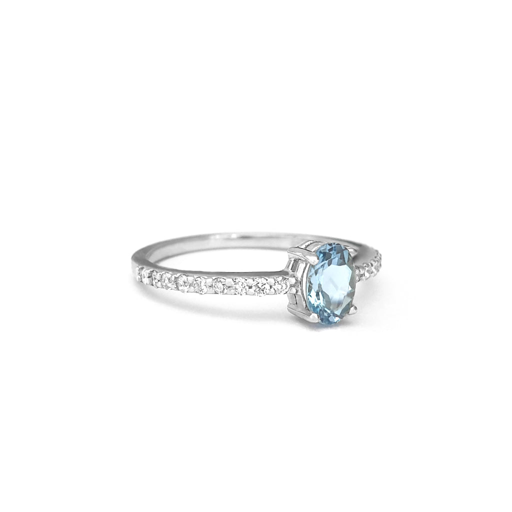 Petite Aquamarine with White Diamond Band Ring