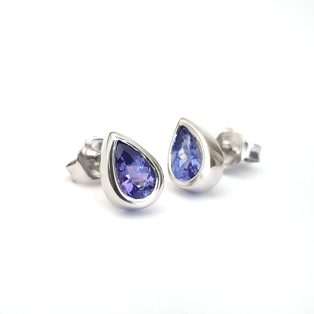 Petite Bezel Set Pear Cut Tanzanite Studs