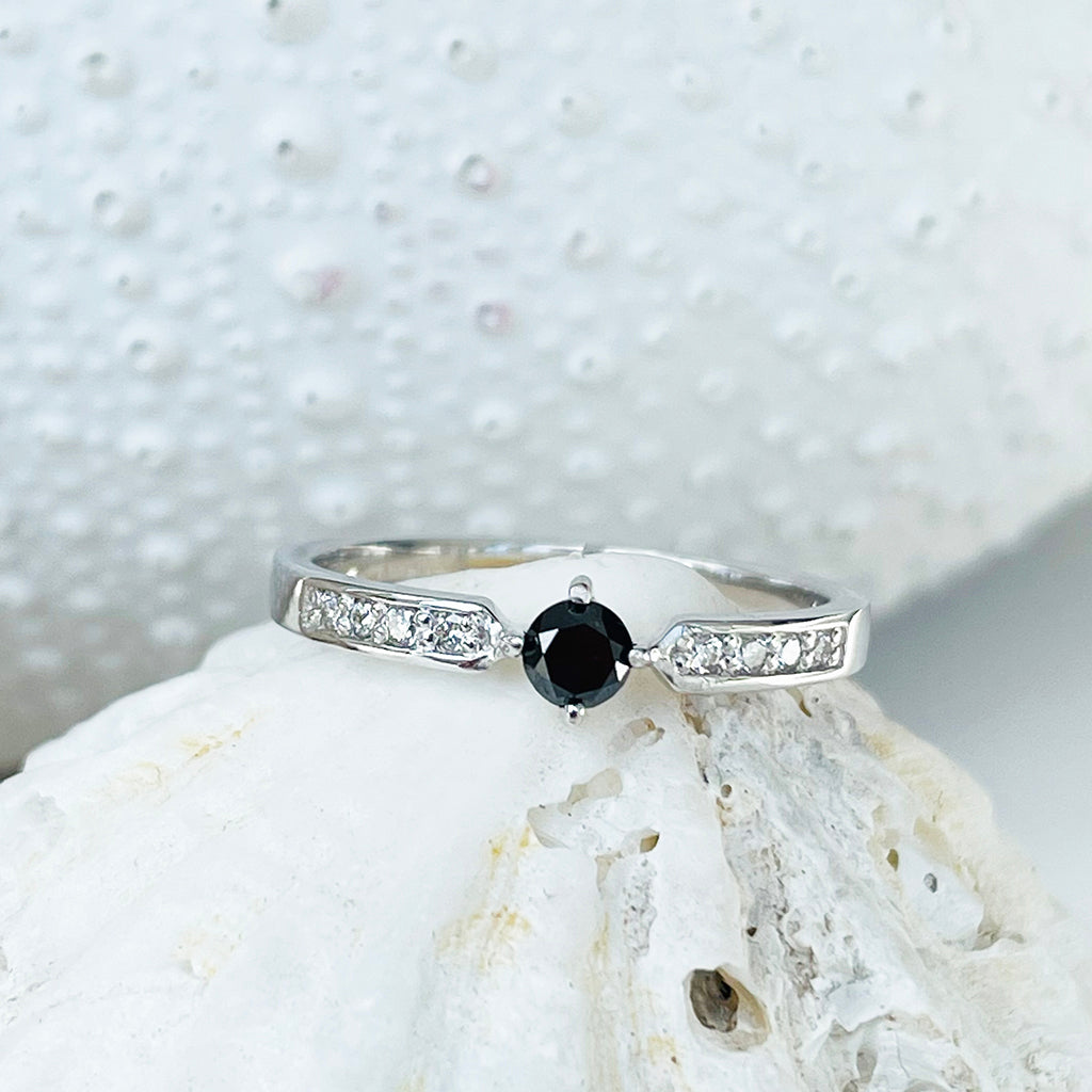 Petite Black Diamond Ring with Crimped White Diamond Band Ring