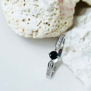 Petite Black Diamond Ring with Crimped White Diamond Band Ring