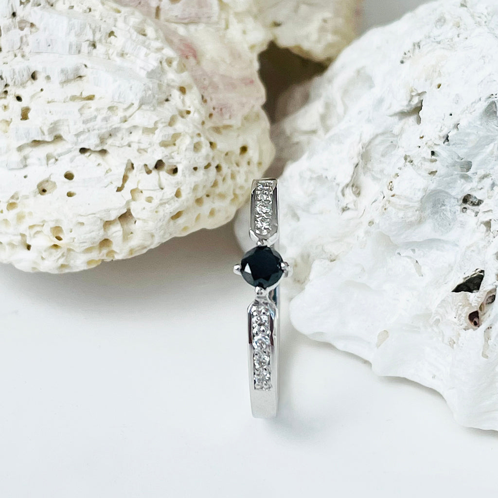 Petite Black Diamond Ring with Crimped White Diamond Band Ring