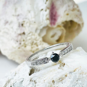 Petite Black Diamond Ring with Crimped White Diamond Band Ring