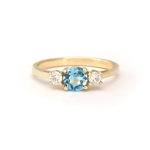 Petite Blue Topaz and Diamond Trilogy Yellow Gold Ring