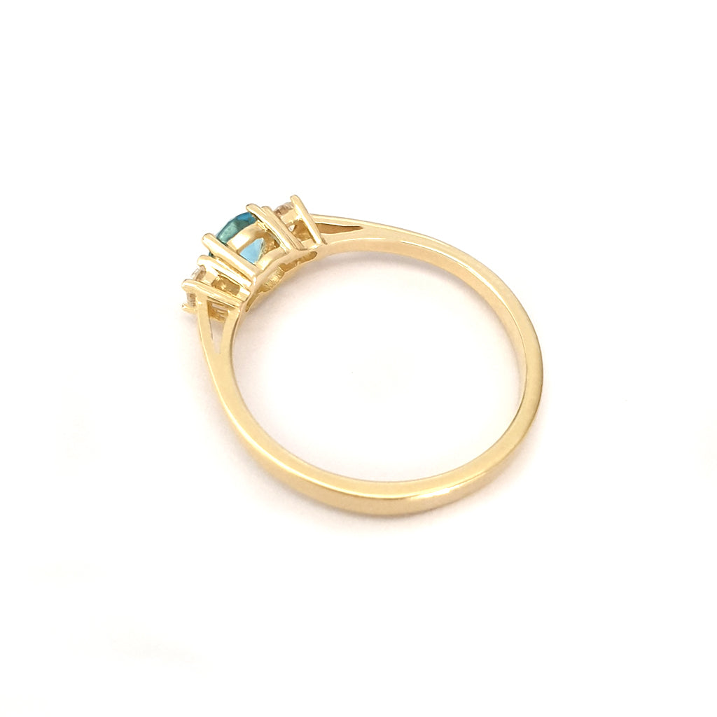 Petite Blue Topaz and Diamond Trilogy Yellow Gold Ring