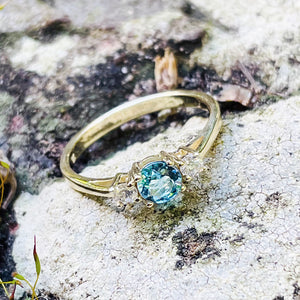 Petite Blue Topaz and Diamond Trilogy Yellow Gold Ring