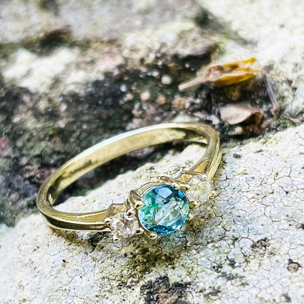 Petite Blue Topaz and Diamond Trilogy Yellow Gold Ring