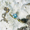 Petite Blue Topaz and Diamond Trilogy Yellow Gold Ring