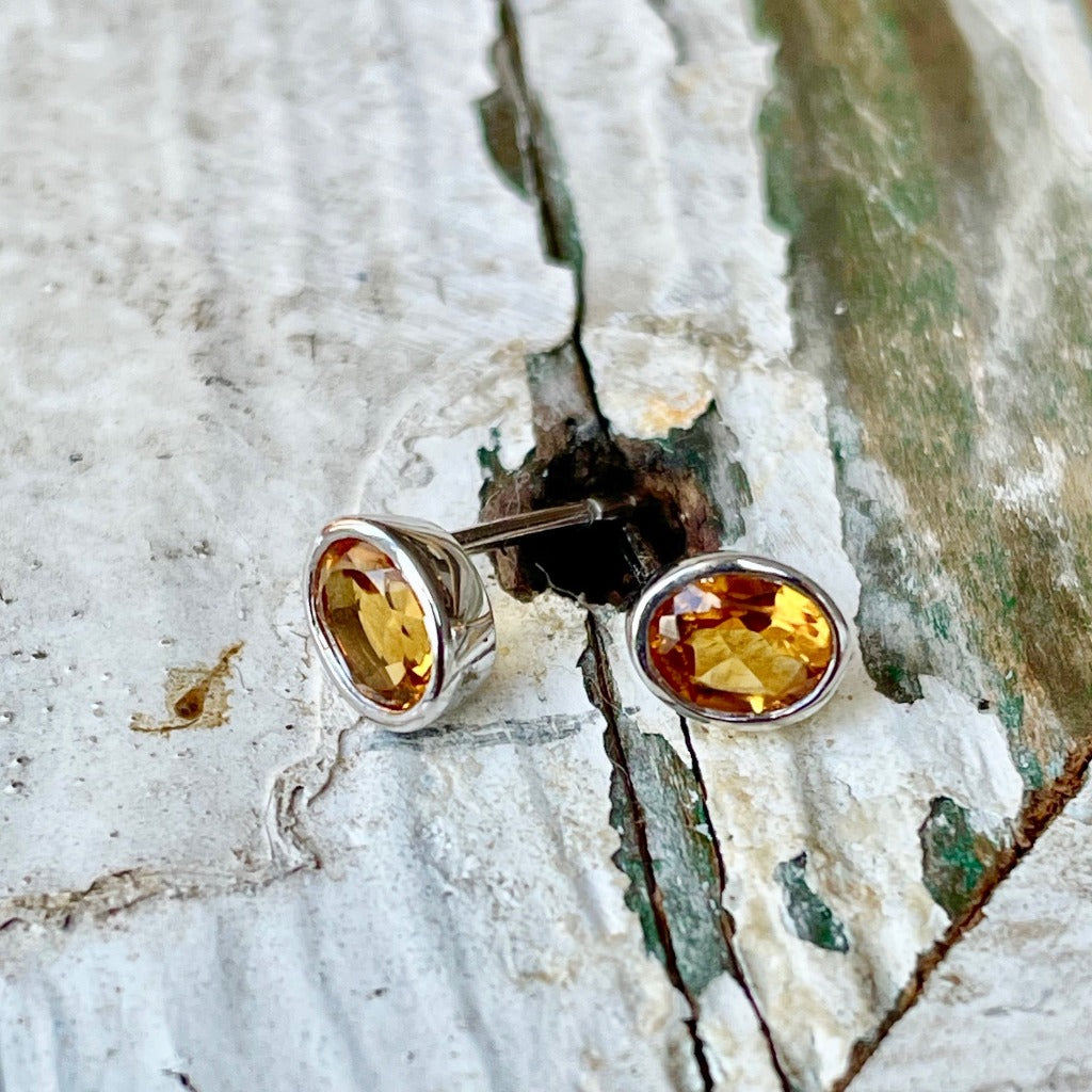 Petite Citrine Oval Cut Bezel White Gold Set Studs