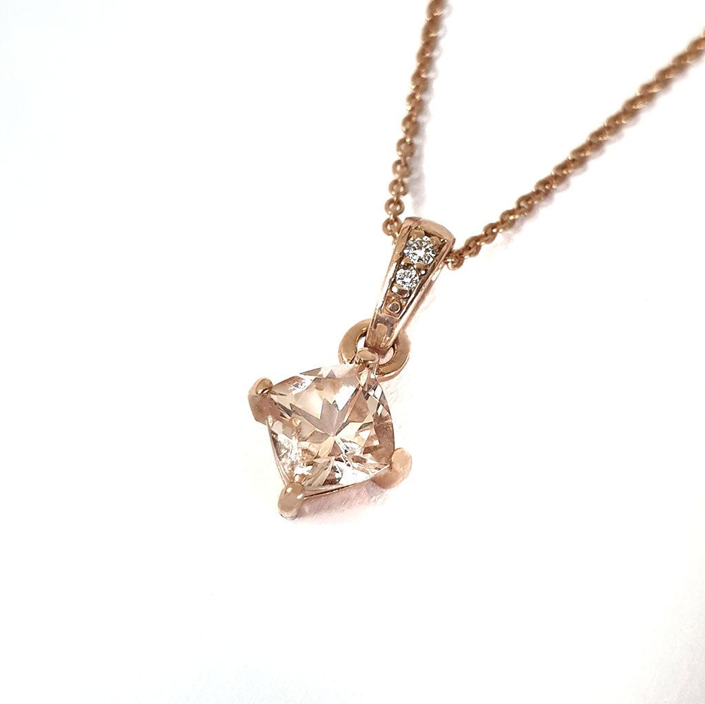 Petite Cushion Cut Morganite Rose Gold Pendant with Diamond Highlighted Bale