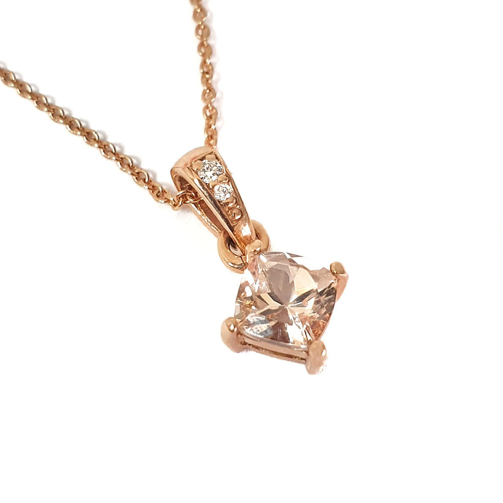Petite Cushion Cut Morganite Rose Gold Pendant with Diamond Highlighted Bale