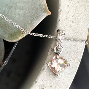 Petite Cushion Cut Morganite White Gold Pendant with Diamond Highlighted Bale