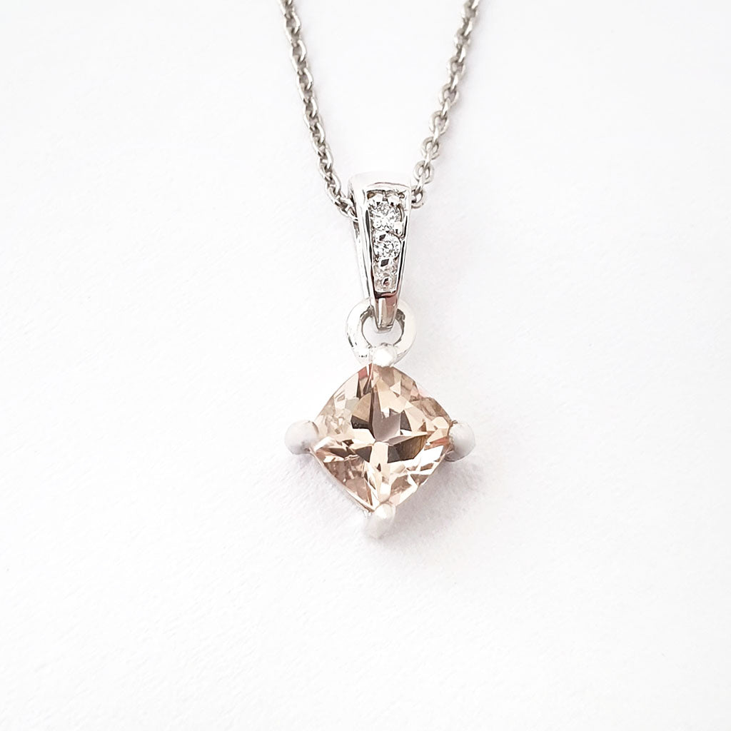 Petite Cushion Cut Morganite White Gold Pendant with Diamond Highlighted Bale