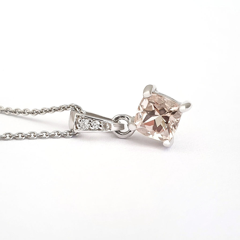 Petite Cushion Cut Morganite White Gold Pendant with Diamond Highlighted Bale
