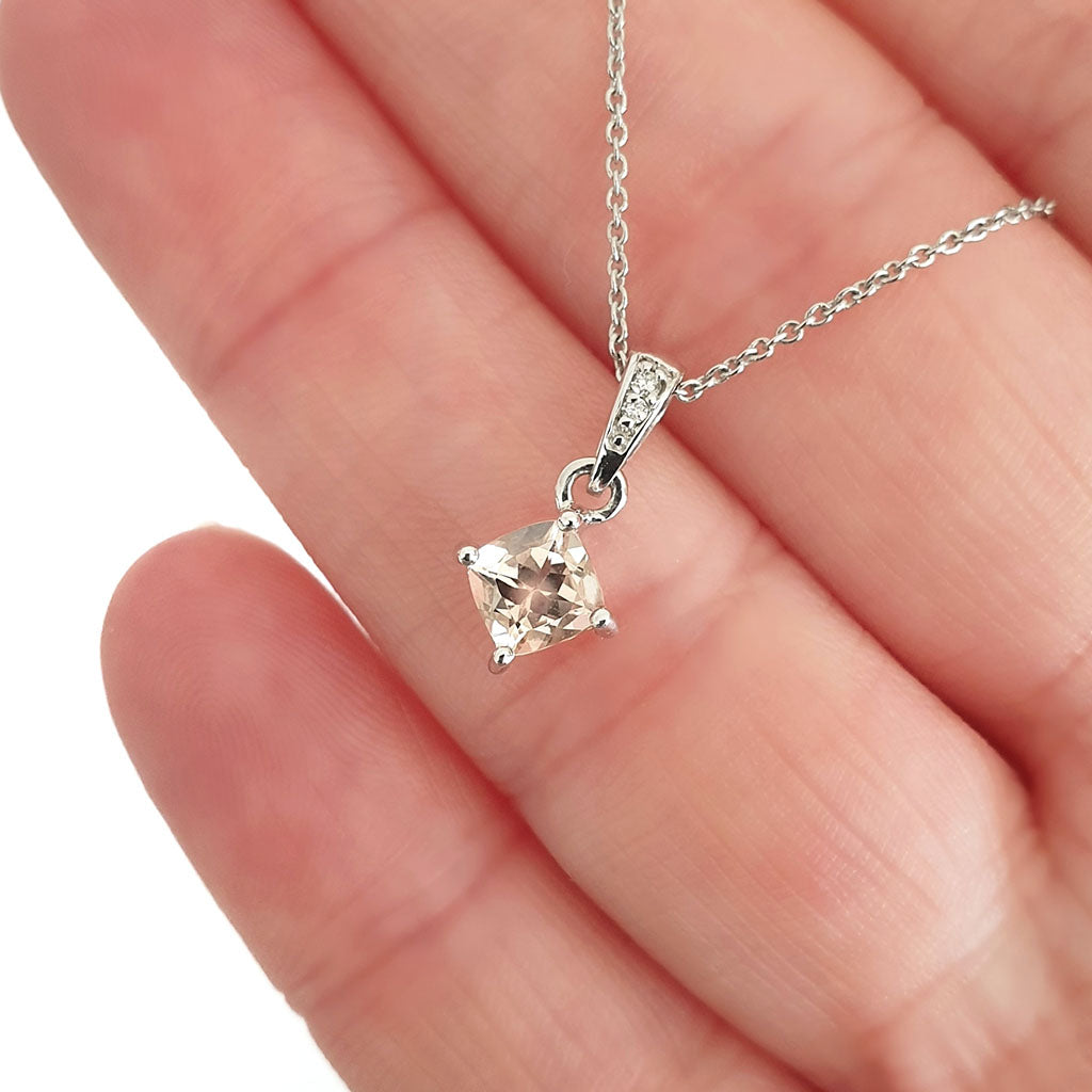 Petite Cushion Cut Morganite White Gold Pendant with Diamond Highlighted Bale