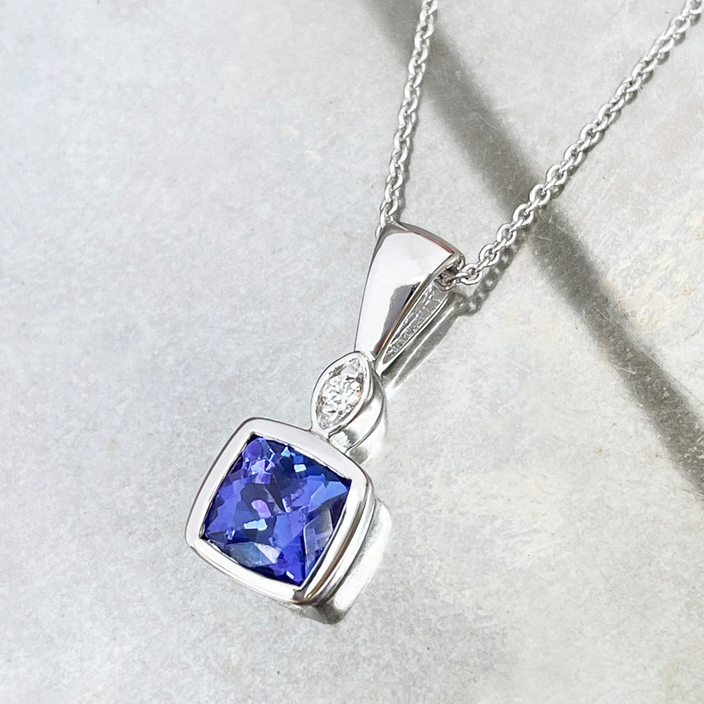 Petite Elegant Tube Set Square Tanzanite and Diamond White Gold Pendant