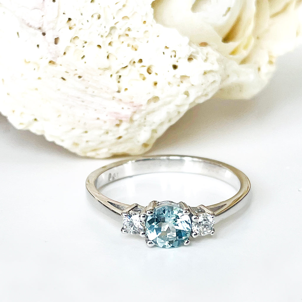 Petite Aquamarine and Diamond Trilogy White Gold Ring