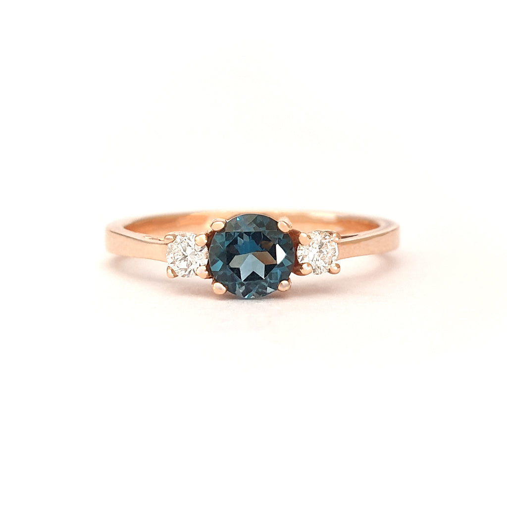 Petite London Blue Topaz and Diamond Trilogy Rose Gold Ring
