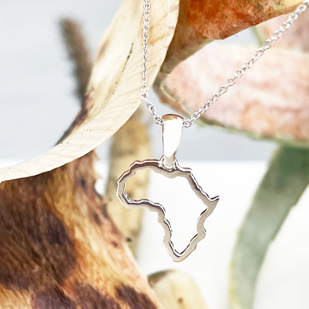Petite Map of Africa White Gold Outline Pendant