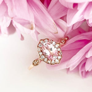 Petite Ornate Morganite and Diamond Rose Gold Ring