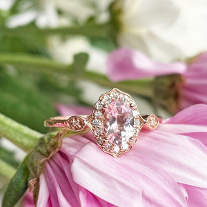 Petite Ornate Morganite and Diamond Rose Gold Ring