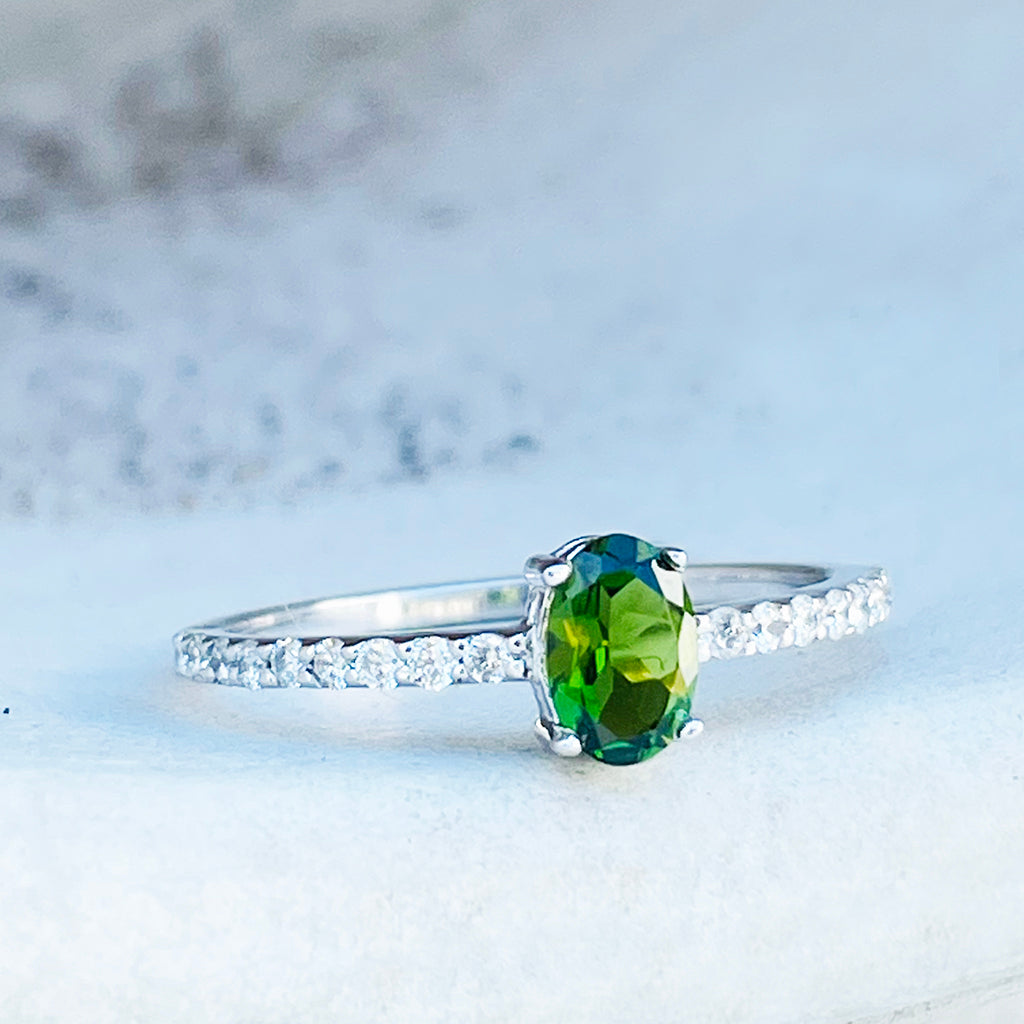 Petite Oval Green Tourmaline and Diamond White Gold Ring