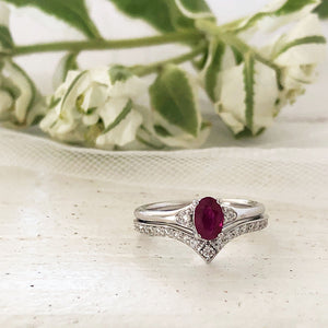 Petite Oval Ruby and Diamond shouldered engagement ring with 21 Diamond Crown Wedding Band