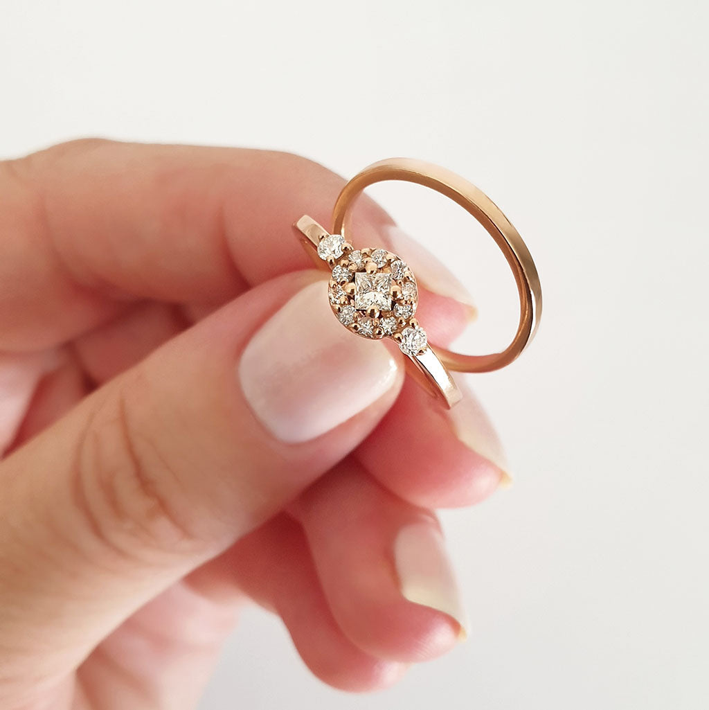 Petite Rose Gold Floral Square Diamond Cluster Engagement Ring Wedding Set